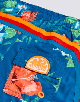 REPREVE® SHORT SWIMSUIT WITH ELASTIC WAIST AND ISLAND BLISS PRINT