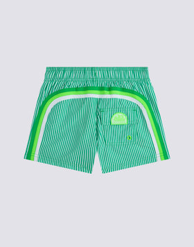 REPREVE® ELASTIC WAIST SHORT SWIMSUIT WITH JUICY STRIPES PRINT