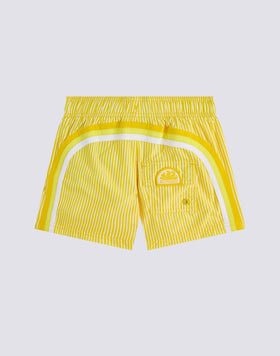 REPREVE® ELASTIC WAIST SHORT SWIMSUIT WITH JUICY STRIPES PRINT