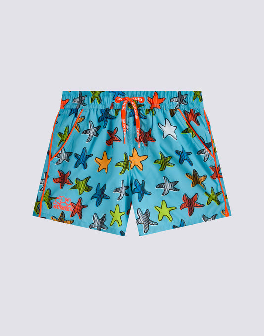 BAÑADOR NIÑO CORTO CON CINTURA ELÁSTICA Y ESTAMPADO HAPPY STAR EN POLIÉSTER RECICLADO REPREVE®