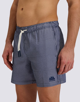 GOLDENWAVE MEN'S MID-LENGTH ELASTIC WAIST SWIMSUIT IN YARN-DYED STRIPED