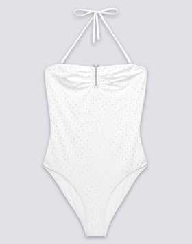 BAÑADOR DE UNA PIEZA PARA MUJER CON STRASS Y ESPALDA CUBIERTA