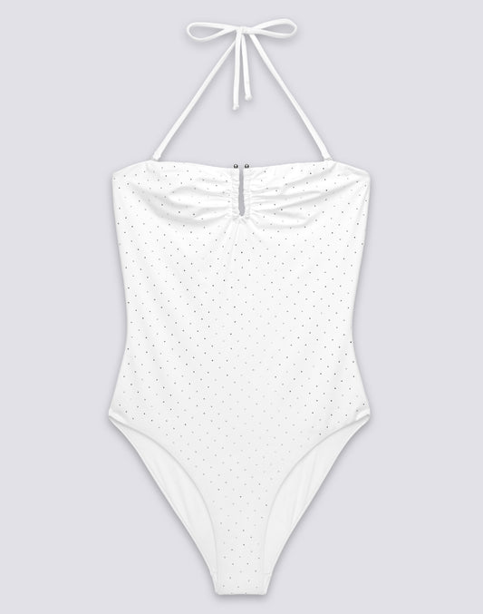 BAÑADOR DE UNA PIEZA PARA MUJER CON STRASS Y ESPALDA CUBIERTA