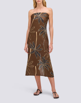 WOMEN'S OFF-THE-SHOULDER DRESS WITH GOLDEN PALM PRINT