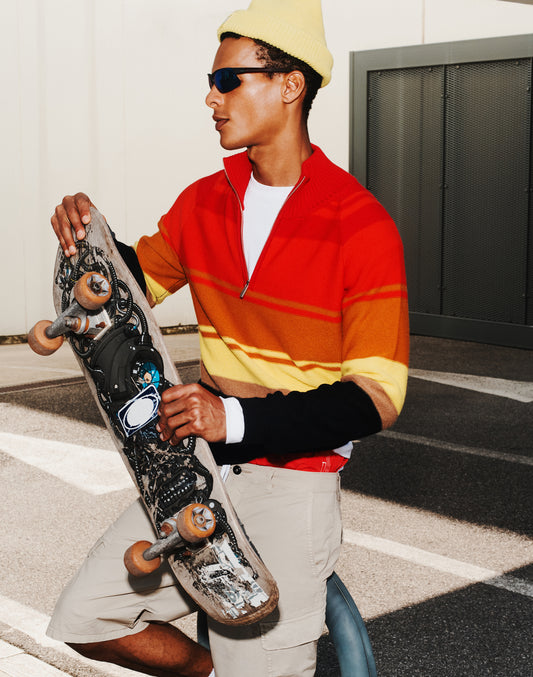 MEN'S HIGH NECK SWEATER WITH 3/4 ZIP AND HERITAGE STRIPES