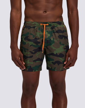 MEN'S MID-LENGTH SWIMSUIT WITH ELASTIC WAIST AND CAMOU PRINT IN REPREVE® RECYCLED POLYESTER