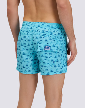 REPREVE® ELASTICATED WAIST SHORT SWIMSHORTS WITH GREETINGS FROM MEXICO PRINT