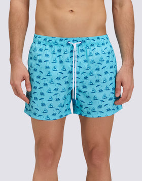 REPREVE® ELASTICATED WAIST SHORT SWIMSHORTS WITH GREETINGS FROM MEXICO PRINT