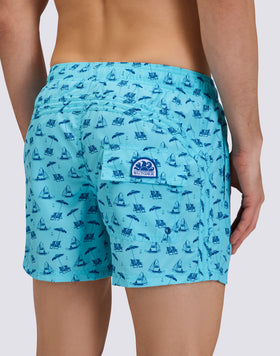 REPREVE® ELASTICATED WAIST SHORT SWIMSHORTS WITH GREETINGS FROM MEXICO PRINT