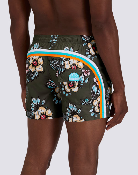 SHORT SWIM SHORTS WITH ELASTIC WAISTBAND IN REPREVE® RECYCLED POLYESTER WITH GRAPHIC FLOWER PRINT