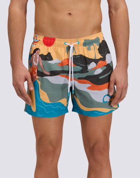 BAÑADOR CORTO DE CINTURA ELÁSTICA DE POLIÉSTER RECICLADO REPREVE® CON ESTAMPADO SURFER GIRL