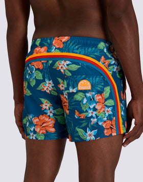 SHORT SWIM SHORTS WITH ELASTIC WAISTBAND IN REPREVE® RECYCLED POLYESTER WITH ISLAND BLISS PRINT