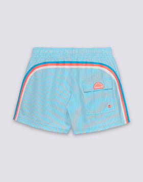 COSTUME DA BAGNO UOMO CORTO VITA ELASTICATA POLIESTERE RICICLATO REPREVE® CON STAMPA A RIGHE JUICY STRIPES CON RICAMO FRUTTA