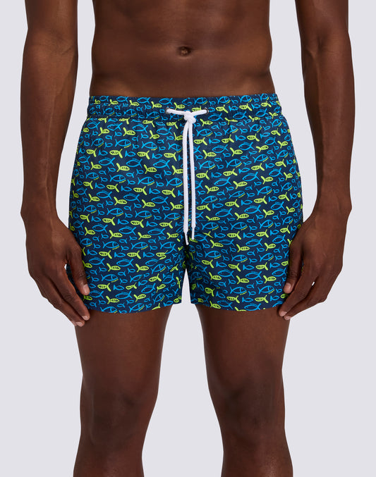 MEN'S SHORT SWIMSUIT WITH ELASTIC WAIST AND FISHAZ PRINT IN RECYCLED POLY