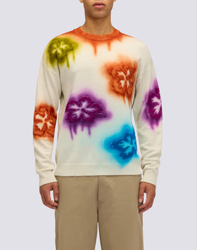 UNISEX CREW NECK SWEATER WITH FLOWER INTARSIA