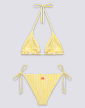 BIKINI DE MUJER CON TOP TRIANGULAR Y BRAGUITA DE TIRANTES CON BOARDADO DE FRUTAS