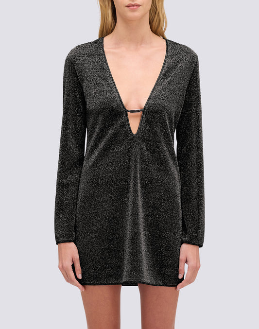 VESTIDO CORTO DE MUJER DE LUREX CON ESCOTE PROFUNDO