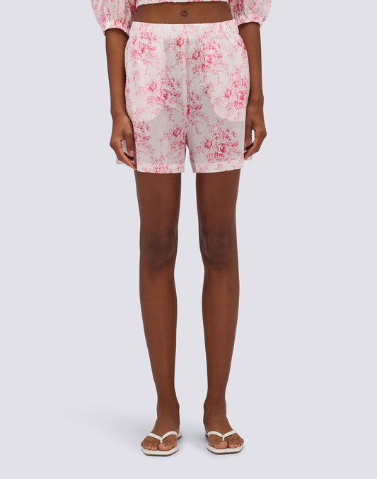 SHORT FEMME À TAILLE ÉLASTIQUE MOTIF ROSE DE JOIE